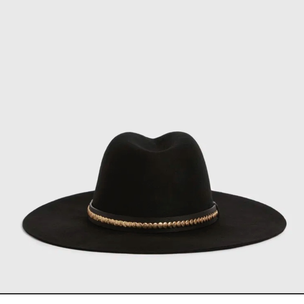 NWT All Saints Black Wool Saffron Fedora with Gold Studded Band